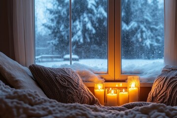 Cozy Winter Window Scene With Candles and Blankets