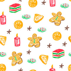 Seamless pattern with Christmas food on white isolated background hand drawn with wax crayons. New Year elements with oil pastels.