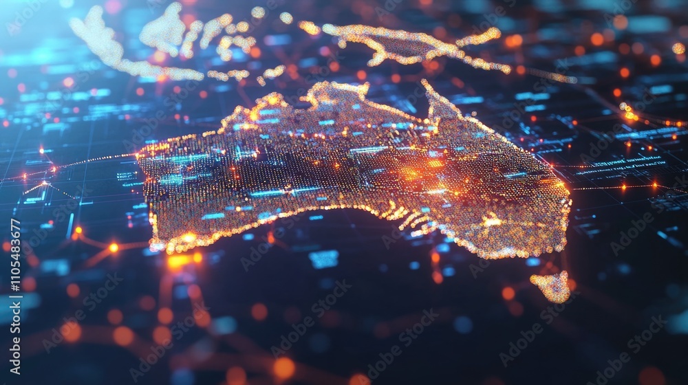 Poster computer generated image of australia with a glowing blue and orange background. the image is a repr