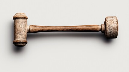 A traditional wooden mallet with textured head and handle on a light gray background, showcasing its rustic and aged appearance.