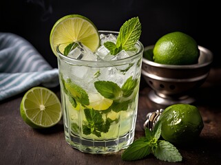Schłodzony koktajl mojito, ozdobiony świeżymi plasterkami limonki i listkami mięty, oferujący orzeźwiające i żywe doznania smakowe