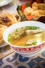 Traditional Kyrgyz meat soup served in a traditional restaurant in Bishkek, Kyrgyzstan