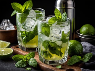 Schłodzony koktajl mojito, ozdobiony świeżymi plasterkami limonki i listkami mięty, oferujący orzeźwiające i żywe doznania smakowe