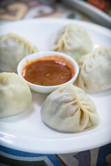Traditional Kyrgyz manti dumplings served in a traditional restaurant in Bishkek, Kyrgyzstan