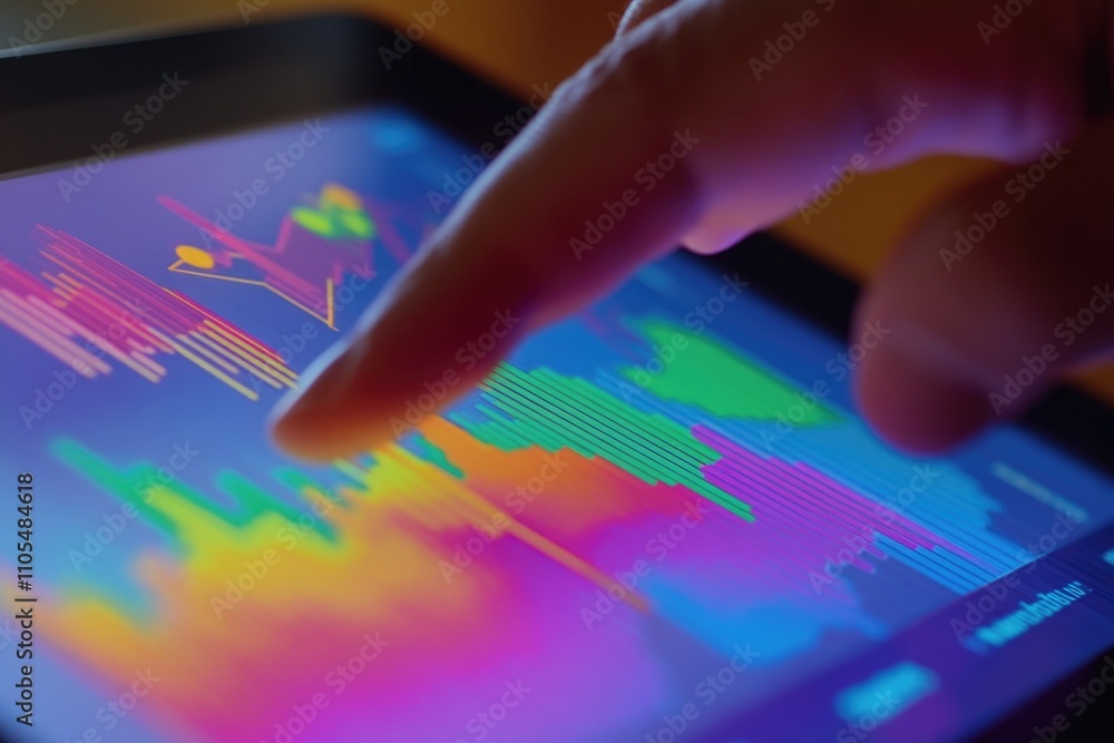 Poster person is pointing at a colorful graph on a tablet. the graph is filled with various colored lines a