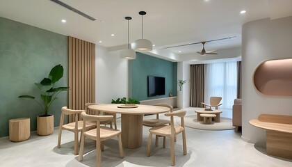 Modern interior design with cozy atmosphere and natural elements.