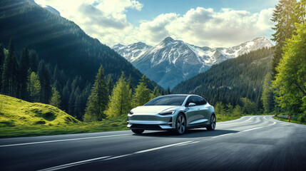 Modern electric car driving on scenic mountain road in summer