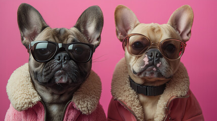 Fototapeta premium Two adorable French Bulldogs sport pink jackets and trendy sunglasses against a vibrant pink backdrop They are stylish and fashionable