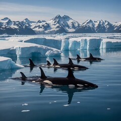 A pod of orcas swimming beneath an icy surface.