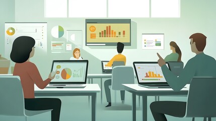 Vector flat illustration of business people meeting, top view with white background and color blocks showing graphs and charts