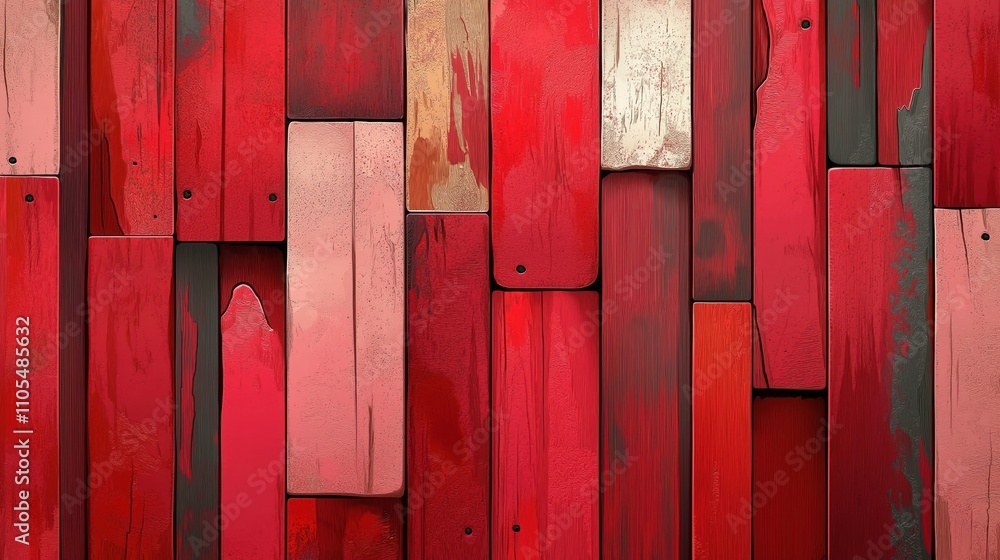 Poster red painted wooden panels create textured patchwork. different shades of red, pink tones create visu