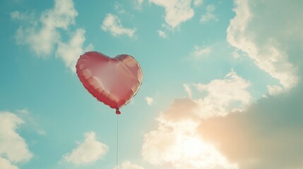 Fototapeta premium heart-shaped balloon floating up into the sky with soft clouds and sunlight streaming through, symbolizing the feeling of love and freedom on Valentine's Day