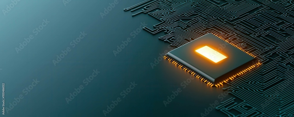 Poster a close-up view of a glowing microchip on a circuit board, showcasing intricate patterns and technol