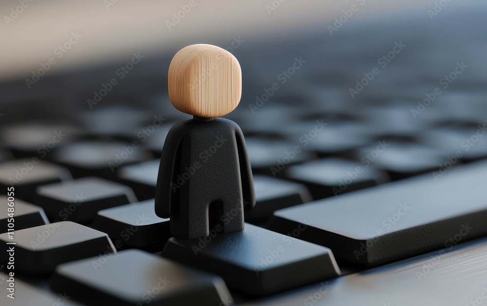 Poster a small wooden figure stands on a computer keyboard, symbolizing the intersection of technology and 