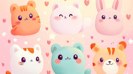 Fototapeta premium Cute flat pattern with cartoon cats and hearts on white background