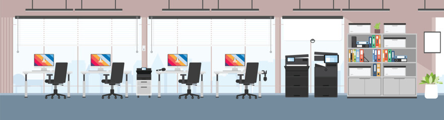 Modern office background, Empty working area with no people, Modern office interior, Skyscraper office with city view, Office interior horizontal background.