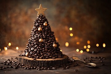 A festive and creative Christmas tree crafted entirely from coffee beans, symbolizing the holiday spirit and the warmth of the season, with a focus on a unique, coffee-inspired decoration