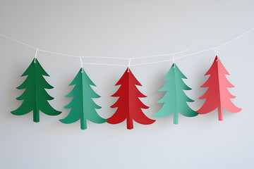 Obraz premium minimalist christmas tree green and red garland hanging against a plain white wall, simple festive holiday decoration