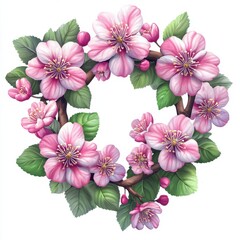 Beautiful vector illustration of a cherry blossom branch adorned with pink flowers and fresh green leaves on a white background perfect for spring decorations