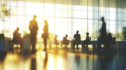 Business people in modern office setting. Sunlight shines through large windows. Workers discuss work, collaborate. Office interior modern. Sunny day in modern business centre. Business meeting