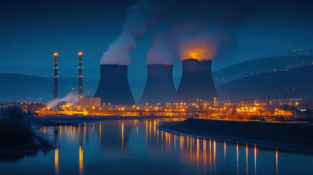 Night shot of a large nuclear power plant close to a river with blue night sky.