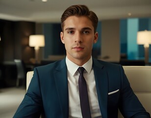 Naklejka premium portrait of a young businessman sitting in the luxury office