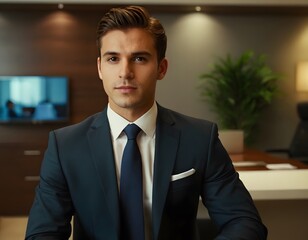 Fototapeta premium portrait of a young businessman in front of beautiful office room wall background 