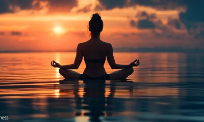 Woman meditating in calm ocean water at sunset.