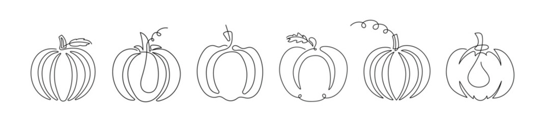 Set of black line art pumpkins drawn with single continuous line isolated on white background. Concept of minimalism, autumn harvest, Halloween decoration, Thanksgiving symbol, simple botanical art