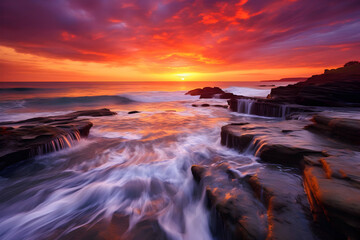 Obraz premium Fiery sunset paints the sky and ocean in vibrant hues as waves cascade over rocky shoreline. A breathtaking display of nature's beauty.