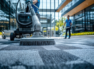 Professional cleaning service using carpet cleaning machine in modern office building