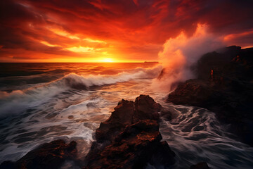 Obraz premium Fiery sunset paints the sky as dramatic waves crash against rugged rocks. A breathtaking display of nature's power and beauty.