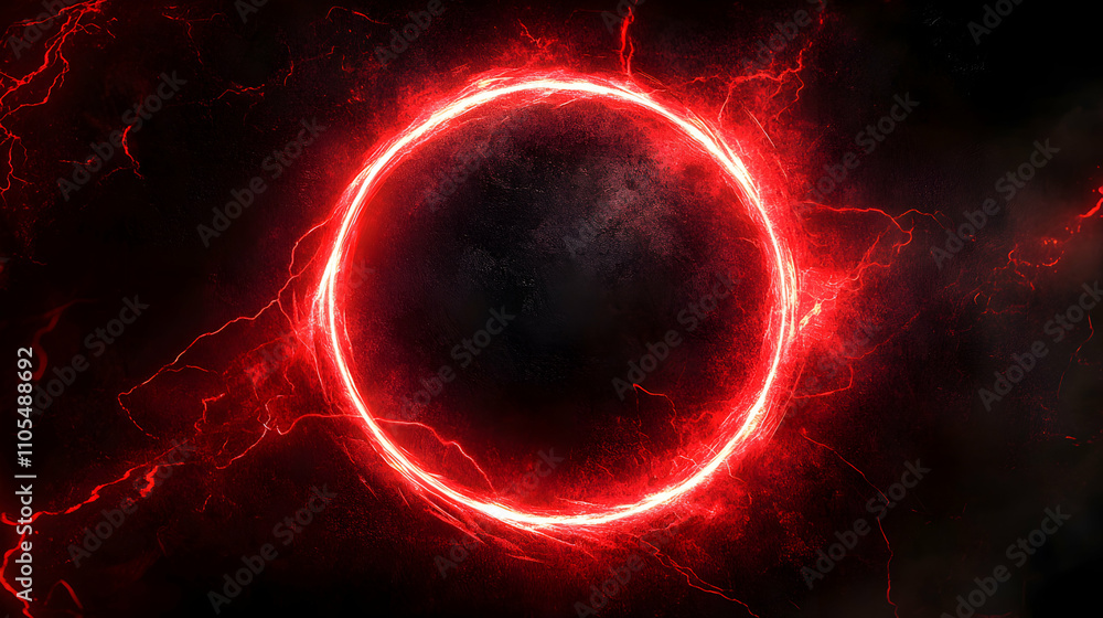 Poster fiery red energy circle glows on dark background, abstract 3d rendering with intense lightning effec