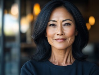A confident woman with dark, silky hair smiles warmly against an urban backdrop, with soft lighting capturing her elegance and modern, professional aura.