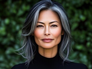 Naklejka premium A mature woman with gray hair in a black top poses elegantly against a vibrant green floral background, radiating grace and beauty.