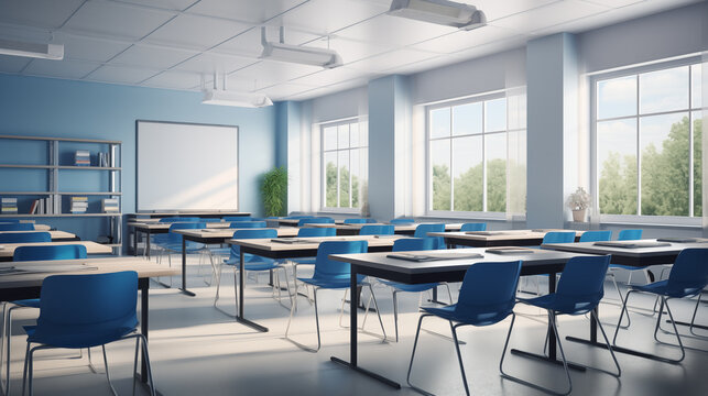 Modern classroom featuring neatly arranged desks and chairs in rows, designed for effective and comfortable learning sessions	