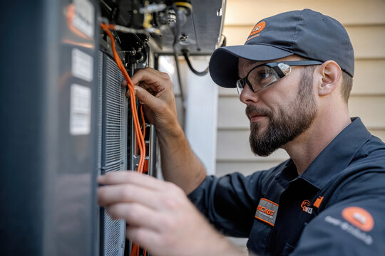 Technician installing cables on outdoor unit, hvac system maintenance