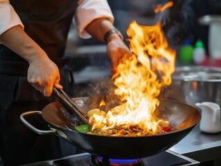 Chef expertly cooks food in wok with flames. Pro kitchen setting shows skillful stir-frying techniques. High-heat cooking method creates appetizing dish. Chef handles wok with chopsticks. Food