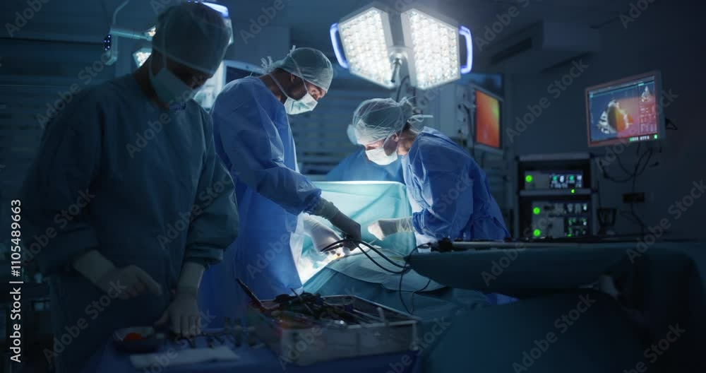 Poster Deep in the Process of an Emergency Surgery, Diverse Team of Healthcare Professionals Navigating Each Stage of the Operation with Extreme Concentration, Uniting Their Skills to Perform the Procedure