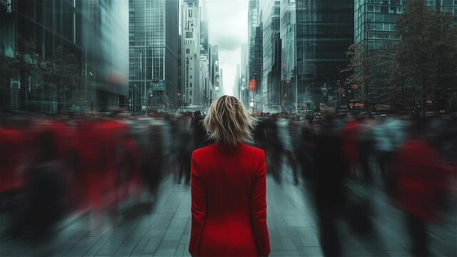 Woman wearing a red dress in a busy city Match-cut stop-motion timelapse. Generative AI.