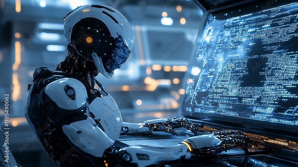 Poster Futuristic robot coding on a large monitor.