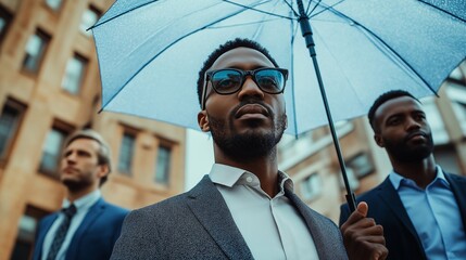 towering umbrella shielding a diverse men, symbolizing comprehensive insurance coverage and protection under one policy