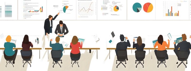 Vector flat illustration of business people meeting, top view with white background and color blocks showing graphs and charts