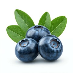 Obraz premium Three fresh blueberries with green leaves on a white background.