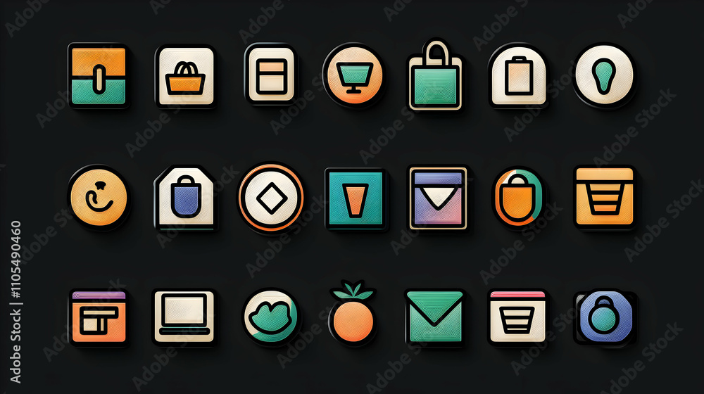 Poster collection of 3d embossed shopping app icons, displaying various e-commerce symbols and elements for