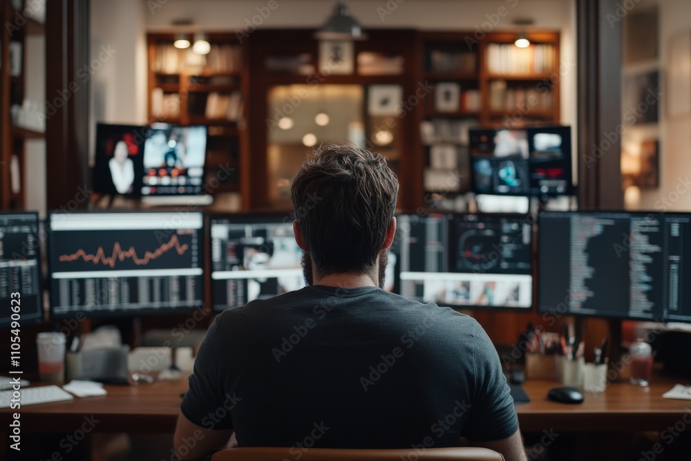 Poster a person deeply focused on work at a desk, surrounded by multiple computer screens displaying graphs