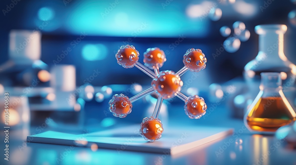 Aufkleber 3d illustration of molecule, atom model in science laboratory background. molecular structure in lab