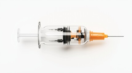 Transparent medical syringe with orange plunger and visible internal mechanism on white background