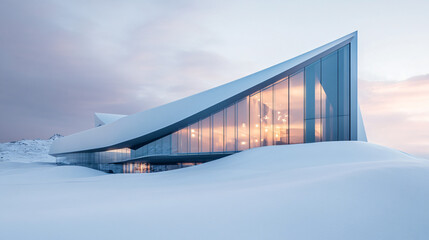 A sleek, futuristic building with sharp angles, surrounded by snow, reflecting the cold light of winter.
