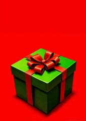 Obraz premium Eine grüne Geschenkbox mit roter Schleife steht auf einem roten Hintergrund mit Textfreiraum. Ideal für Weihnachtskarten und Grußkarten. Minimalistisch und festlich. Generative KI.